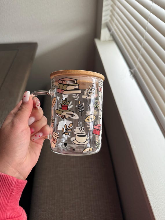 Relaxing book mug, Coffee mug - Gifts for friends- Cute Gifts, Glass mugs with lid & straw