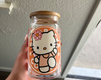Kitty floral cup, cute gifts for her, Starbucks cup, boba tea cup, Iced coffee glass with lid and straw