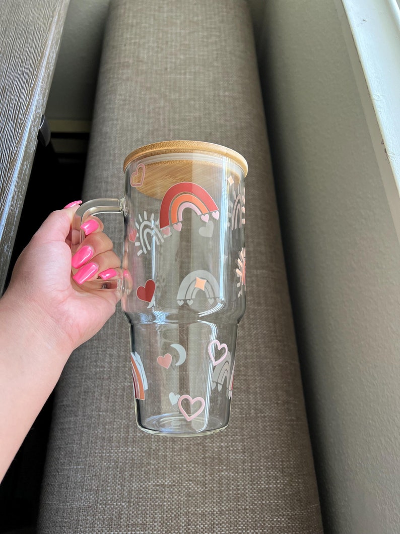 Rainbow glass cup, large glass with handle & did and Straw, summer