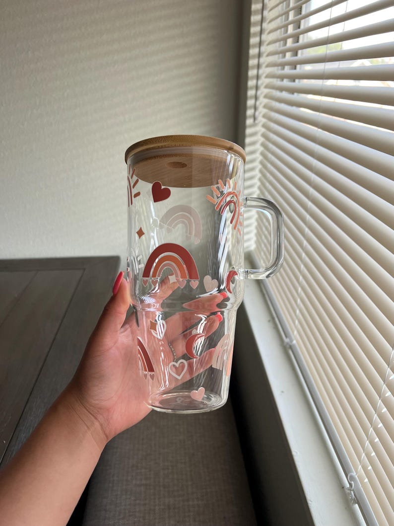 Rainbow glass cup, large glass with handle & did and Straw, summer