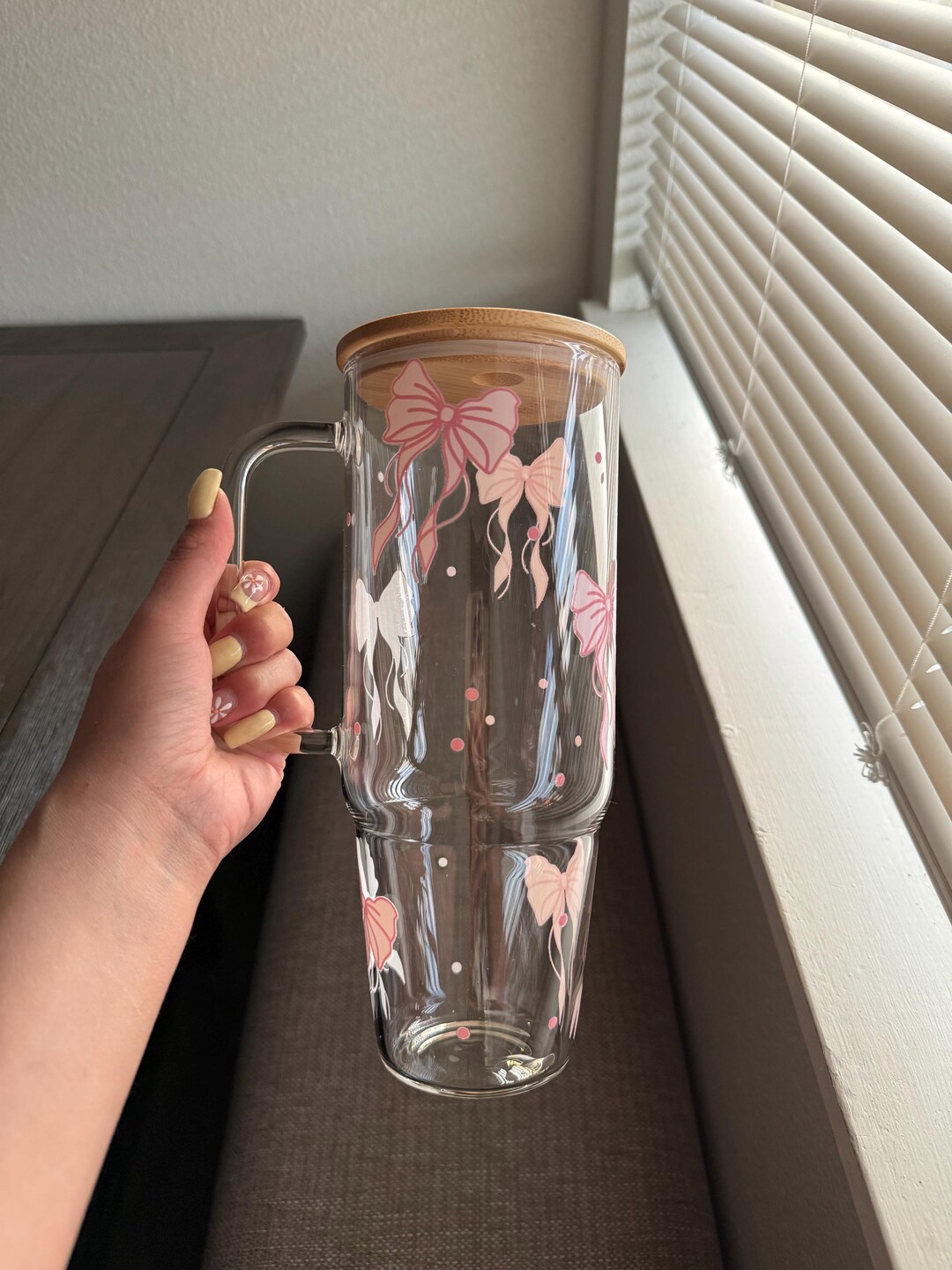 Coquette Bow Glass Cup, Large Glass Cup With Handle & Lid and Straw ...