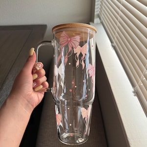 Coquette bow Glass Cup, Large Glass Cup with handle & Lid and Straw, Cute bow Pattern, 32-40oz