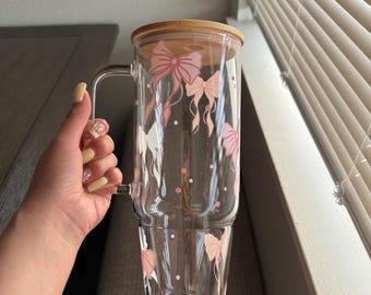 Coquette bow Glass Cup, Large Glass Cup with handle & Lid and Straw, Cute bow Pattern, 32-40oz