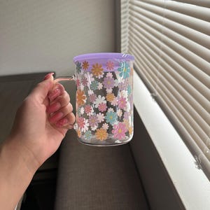 Flower glass mug - Gifts for friends- Cute Gifts, Glass mugs with lid & straw