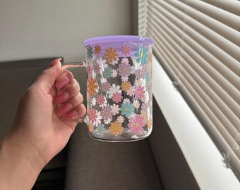 Flower glass mug - Gifts for friends- Cute Gifts, Glass mugs with lid & straw