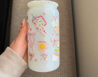 Iced coffee glitter glass, Cute coquette cup , Glitter glass cup,16 oz cup with Rhinestone lid