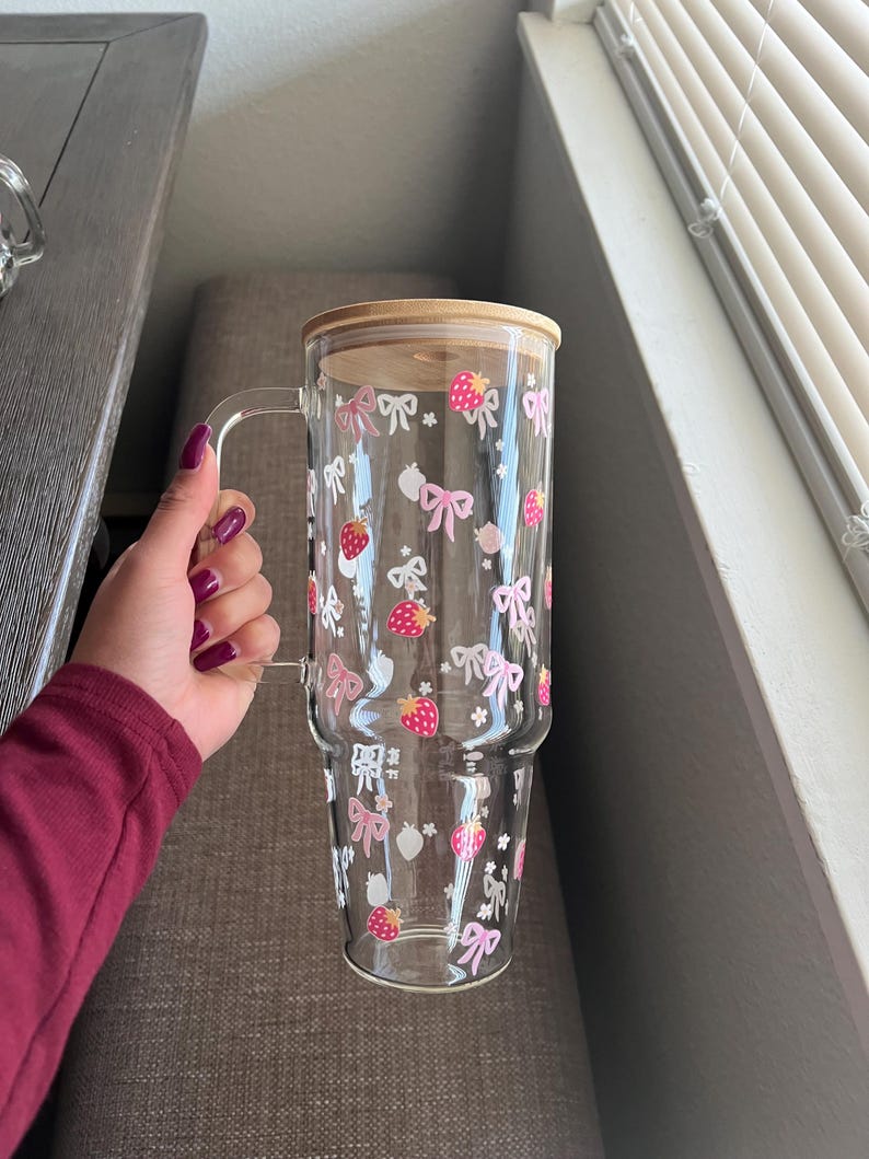 Coquette Strawberry Glass Cup, Large Glass Cup with handle & Lid and