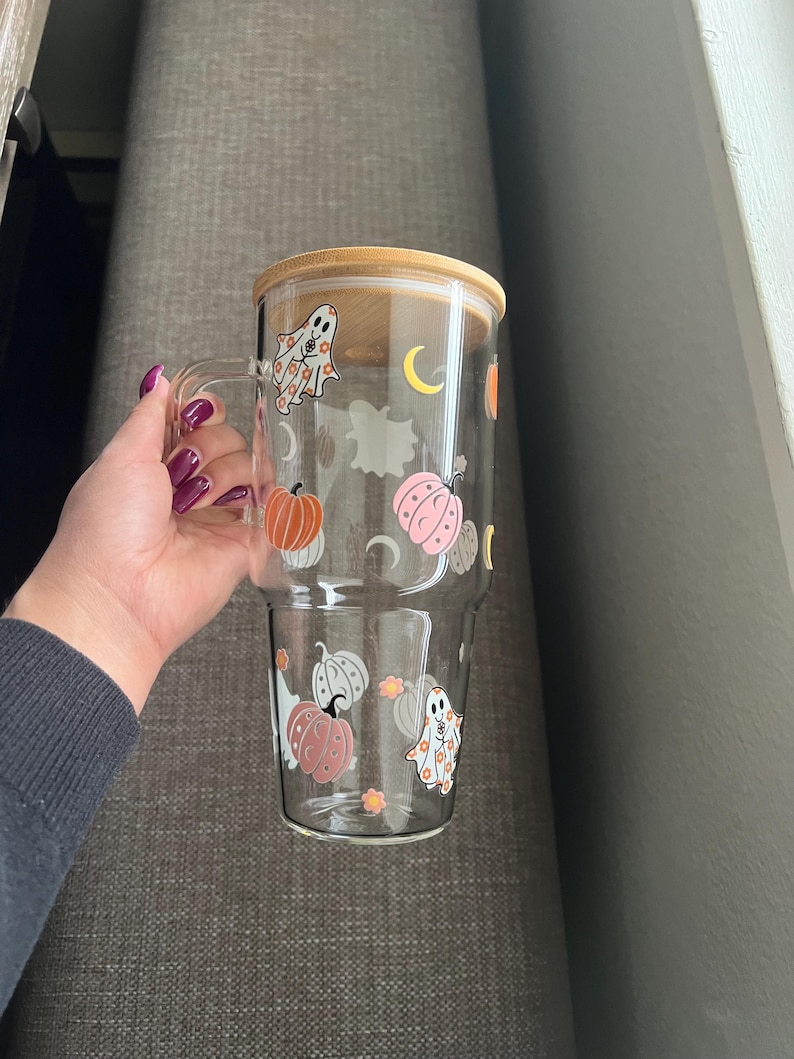Pumpkin ghost cup, large glass with handle, trendy cup with lid and
