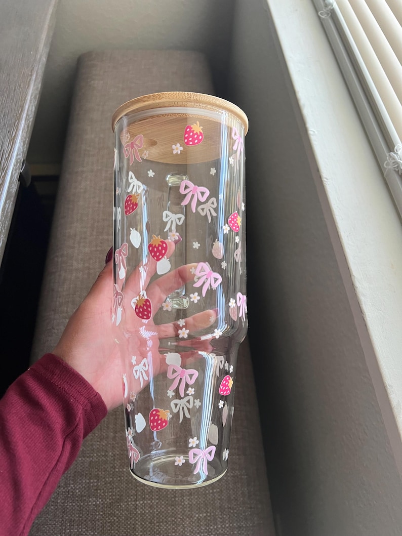 Coquette Strawberry Glass Cup, Large Glass Cup with handle & Lid and