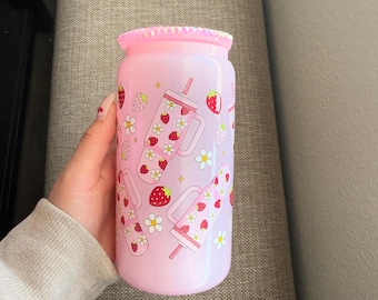 Pink strawberry glitter cup, Iced coffee glitter glass, gifts for her,16 oz cup with Rhinestone lid
