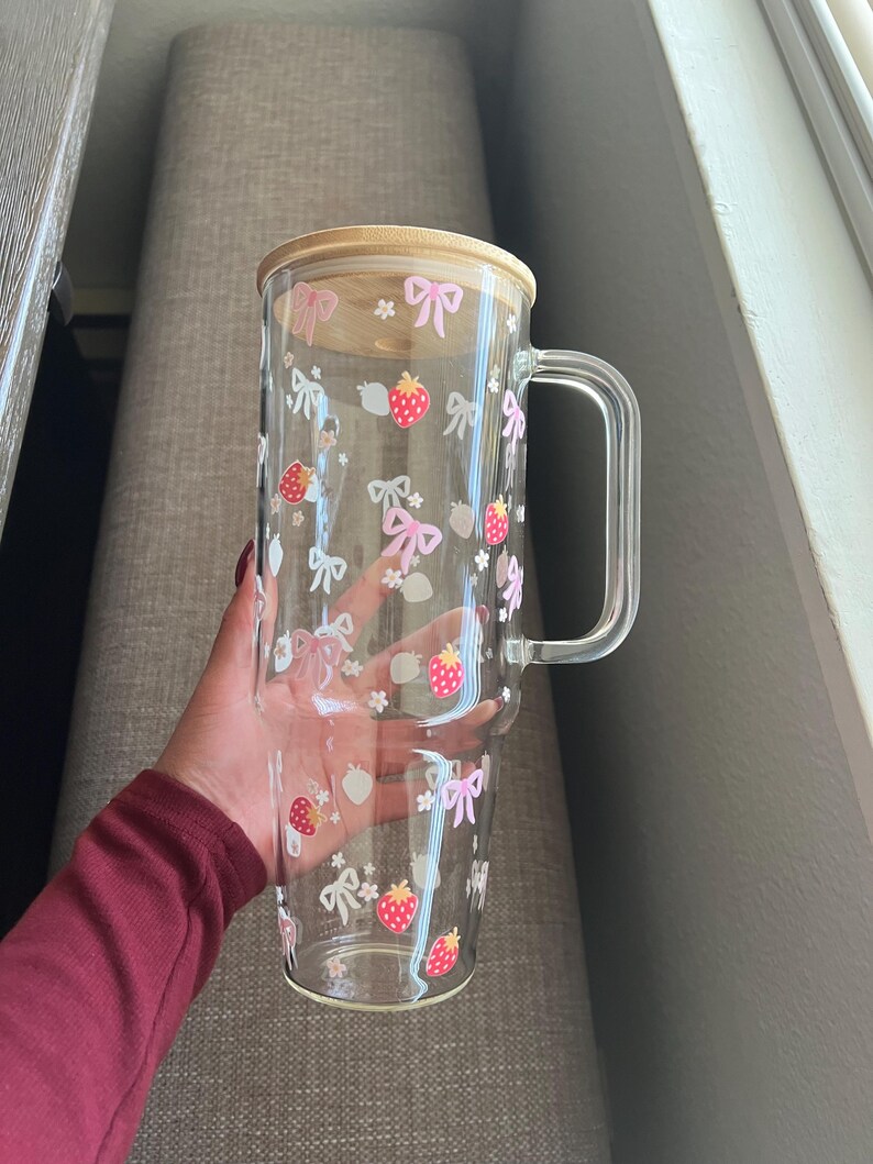 Coquette Strawberry Glass Cup, Large Glass Cup with handle & Lid and