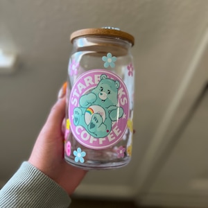 Bears Iced Coffee Glass, Care Bears Gifts, Coffee cup, Boba tea Glass cup with Lid & Straw- 16oz