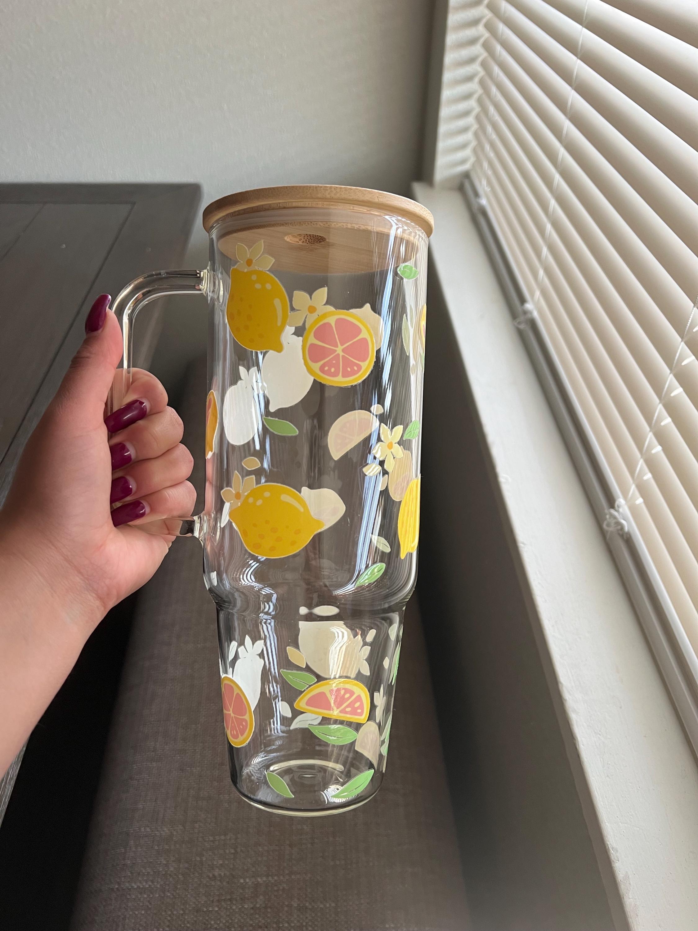 Lemon floral glass cup, large glass with handle, Trendy cup with lid and straw, 32Oz & 40 oz