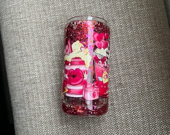 Valentine’s Day Glitter Iced Coffee Glass, Snow globe Glass Can, Gifts for Her, Glass cup with lid & straw- 16oz