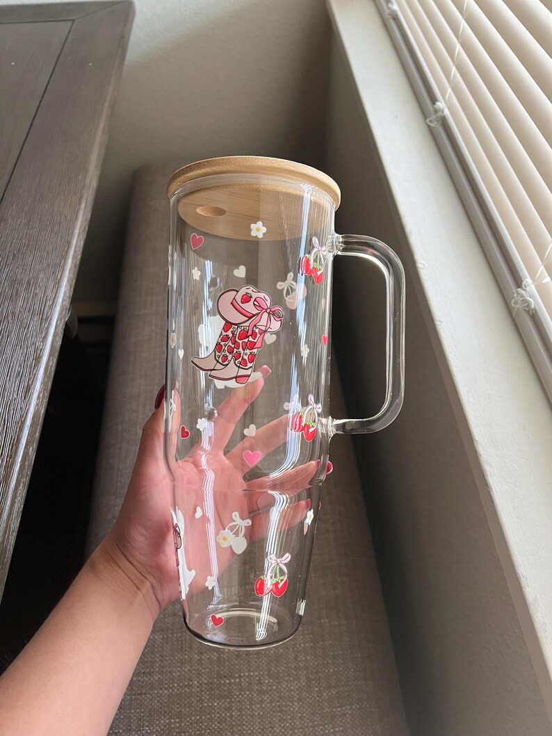 Cherry boots glass cup, Large glass with handle & Lid and Straw, Trendy