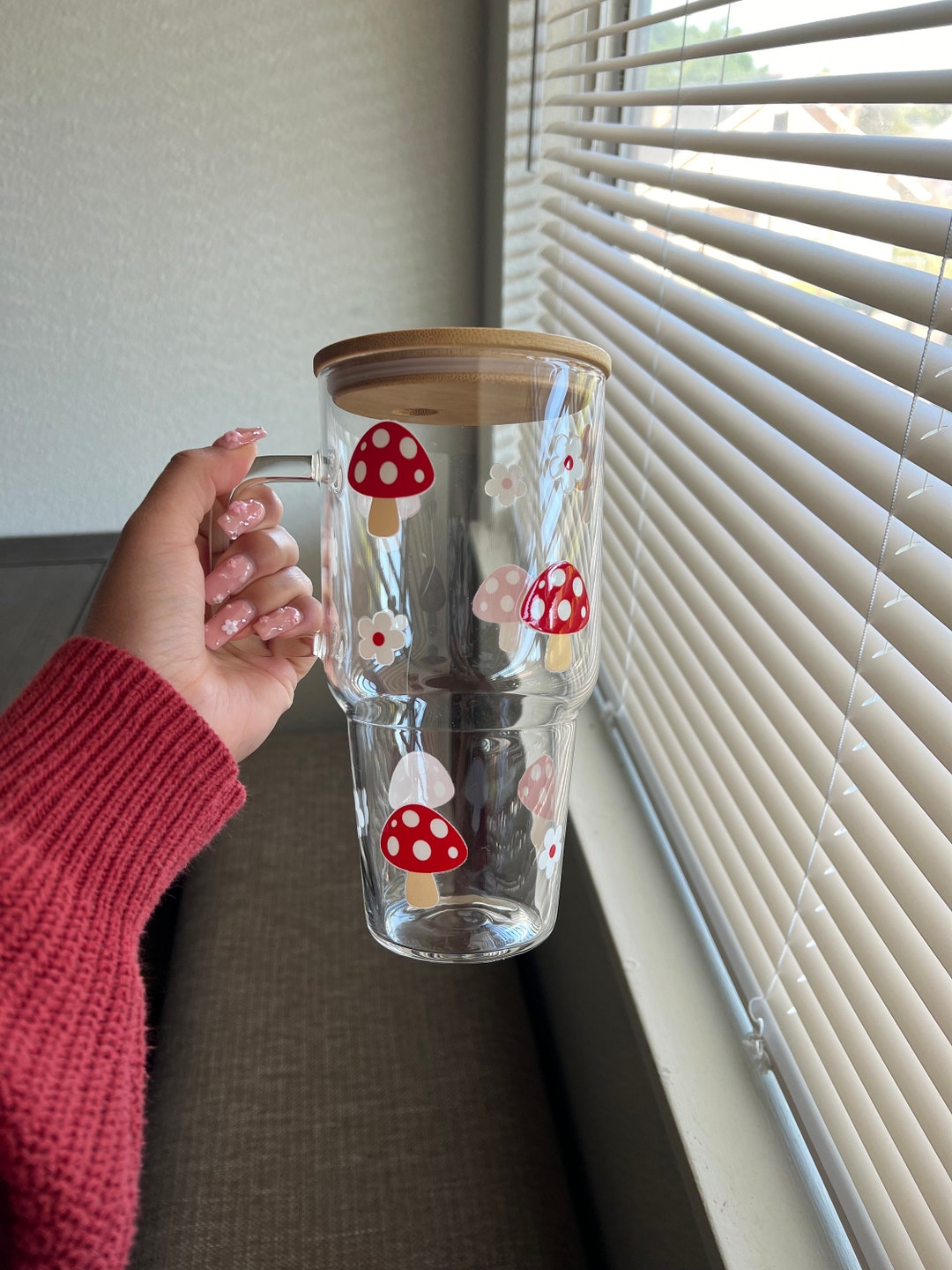 Mushroom Glass Cup, Large Glass With Handle & Lid and Straw, Trendy ...