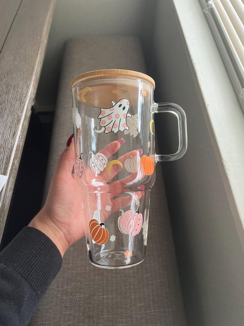 Pumpkin ghost cup, large glass with handle, trendy cup with lid and