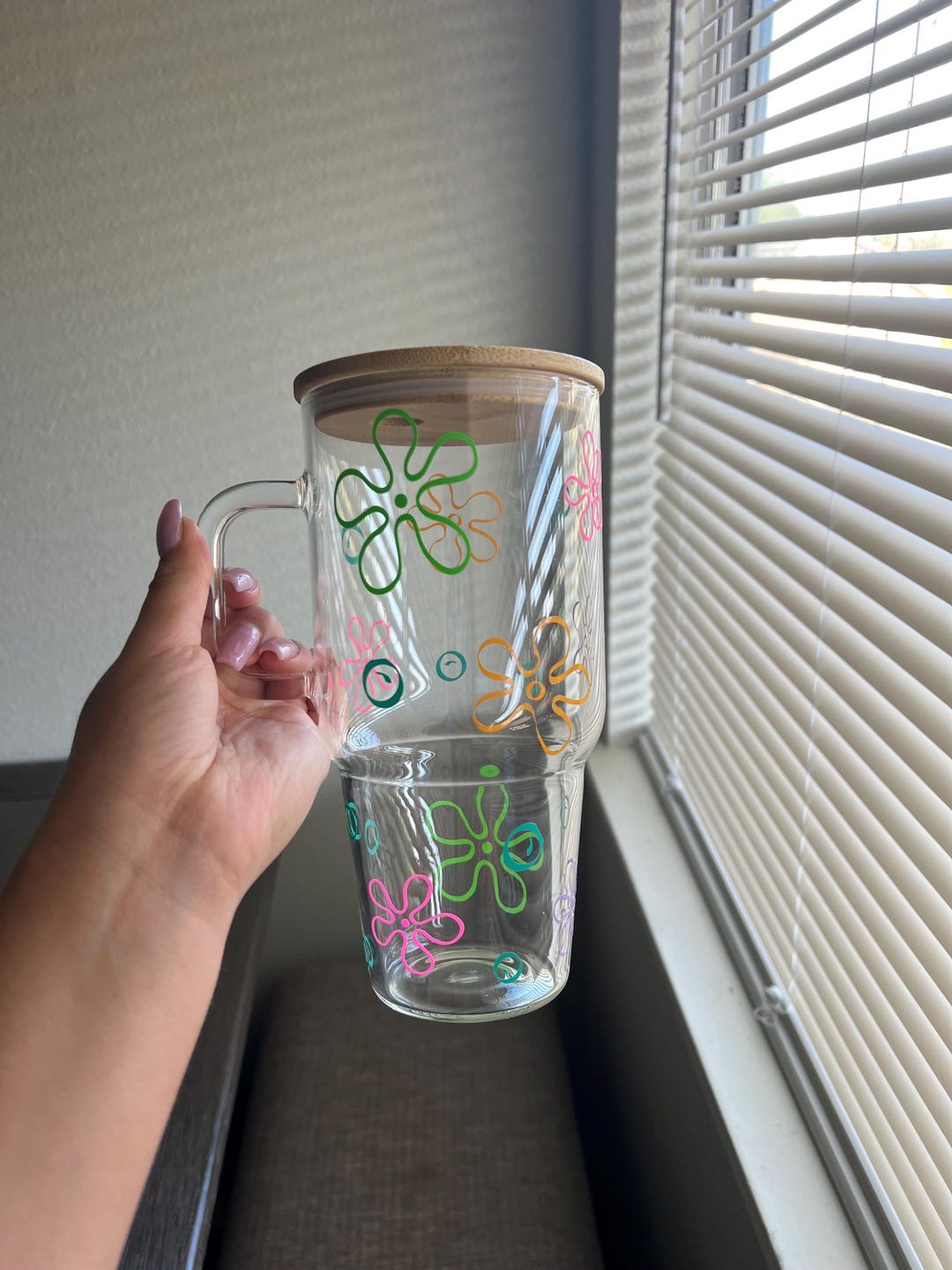 Cartoon Flowers Glass Cup, Large Glass With Handle & Lid and Straw ...