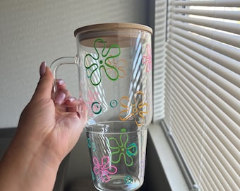 Cartoon flowers glass cup, large glass with handle & lid and straw, 32oz -40 oz