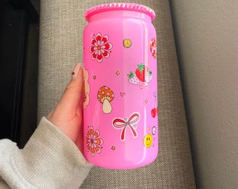 Retro Iced coffee glitter glass, Hot pink glitter glass cup,16 oz cup with Rhinestone lid