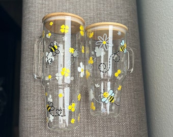 Honey Bee Glass Cup, Large Glass with Handle & Lid and Straw, Flower Pattern, 32 -40Oz