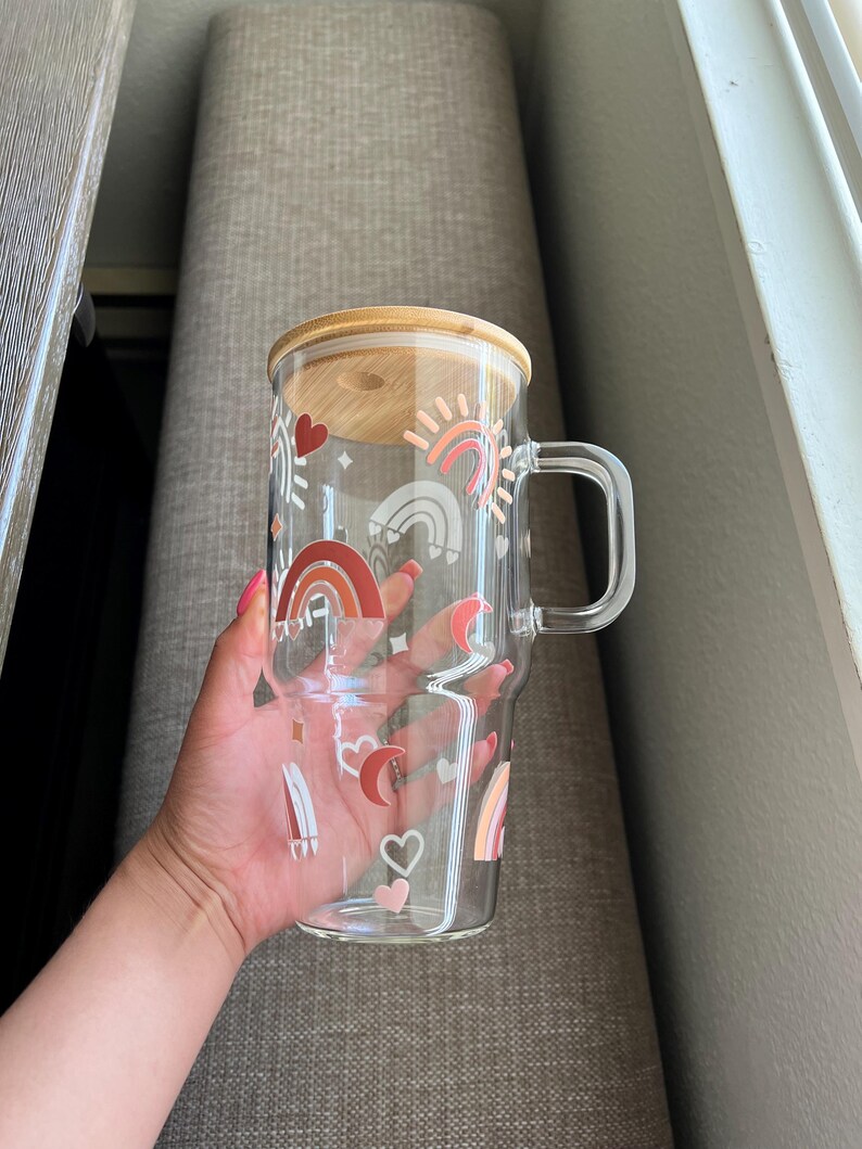 Rainbow glass cup, large glass with handle & did and Straw, summer