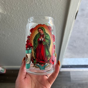 Virgen de Guadalupe glass cup, Virgin Mary- religious cup, Iced coffee glass with lid and straw