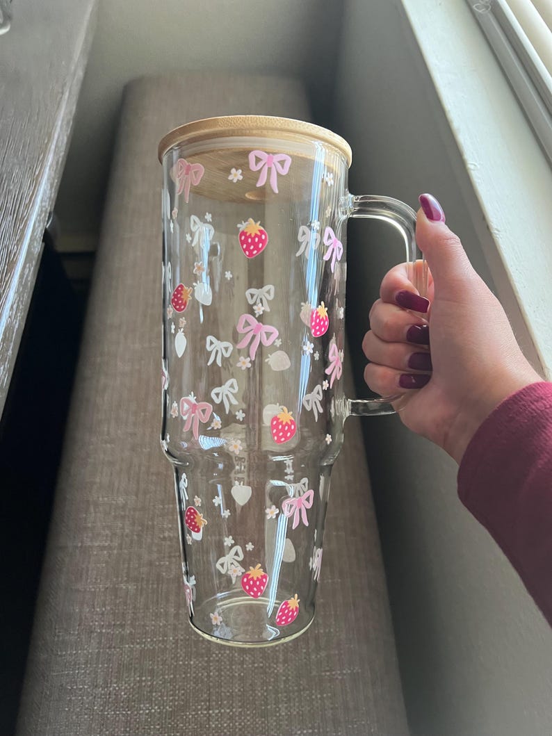 Coquette Strawberry Glass Cup, Large Glass Cup with handle & Lid and