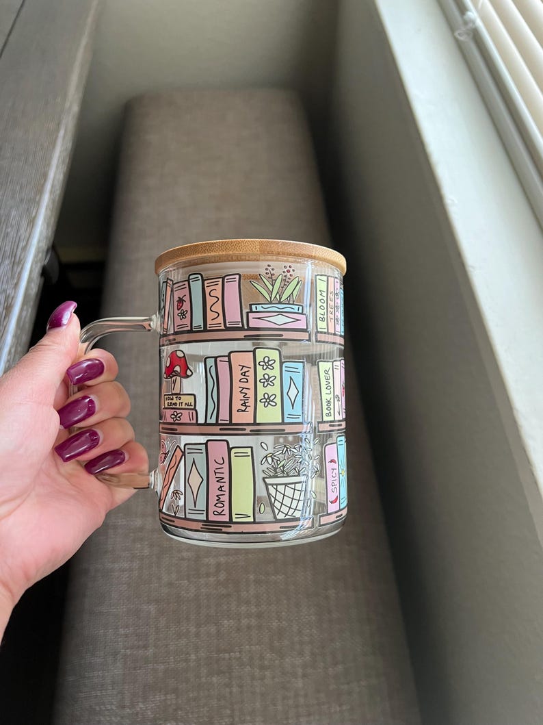 Book mug, Coffee mug - Gifts for friends- Cute Gifts, Glass mugs with lid & straw image 4