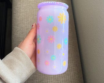 Daisy glitter cup, Iced coffee glitter glass, gifts for her,Flower cup, 16 oz cup with Rhinestone lid
