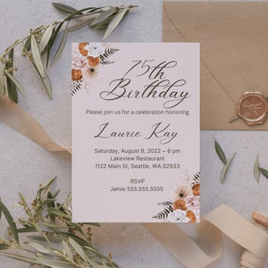 75th Birthday Invitation: Floral Milestone Party Invite (Digital Download)