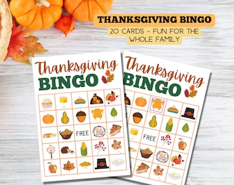 May include: Two Thanksgiving Bingo game cards featuring a grid of colorful seasonal illustrations including turkeys, pumpkins, autumn leaves, and food items. The text on the cards reads Thanksgiving BINGO, and the header text states THANKSGIVING BINGO 20 CARDS - FUN FOR THE WHOLE FAMILY.