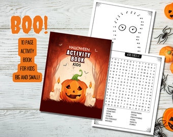 May include: A 10-page Halloween activity book for kids featuring a cover with a jack-o'-lantern, candles, and a full moon. The book includes interior pages with a dot-to-dot drawing and a word search puzzle containing words like Poltergeist.