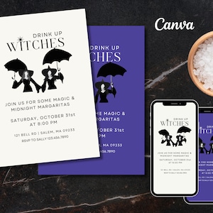 May include: Purple and white invitation for a Halloween party with the text "Drink Up Witches" and a silhouette of three witches holding umbrellas. The invitation includes the date, time, and location of the party.