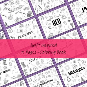 Può includere: Una collezione di libri da colorare di 11 pagine con vari temi di album, tra cui "folklore", "Fearless" e "Red". Ogni pagina presenta dettagliate illustrazioni in bianco e nero e immagini relative agli album. Il testo "Swift Inspired" e "Coloring Book" è visibile.