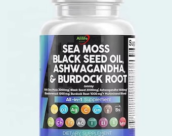 Sea Moss 3000mg Black Seed Oil 2000mg Ashwagandha 1000mg Turmeric 1000mg Bladderwrack 1000mg Burdock 1000mg, Vitamin C Vitamin D3