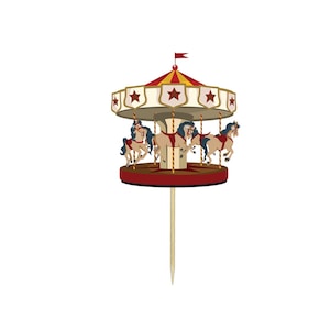 May include: A carousel cake topper with a red and yellow striped roof, cream-colored trim, and red star accents. The carousel features four horses in shades of brown and blue. A small red flag sits atop the carousel.