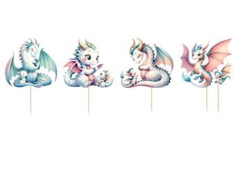 May include: Four pastel-colored dragon cake toppers with wings and a baby dragon. The dragons are white with pink and blue accents. The baby dragons are white with blue accents.