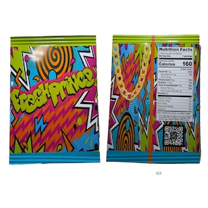 May include: A colorful snack bag with a 90s-inspired design featuring the words "Fresh Prince" in a bold, green font. The back of the bag includes a nutrition facts label with a gold chain graphic.