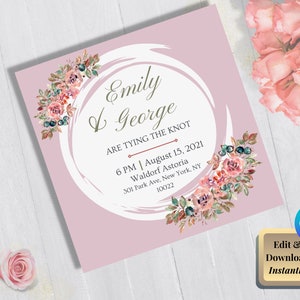 May include: A pink wedding invitation with a white circle and floral design. The text reads "Emily & George Are Tying The Knot 6 PM | August 15, 2021 Waldorf Astoria 301 Park Ave, New York, NY 10022"