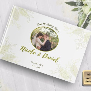Printable Photo Album Canva Template | Minimal & elegant olive green leaves editable photo book for your wedding moments | ATHENA Collection