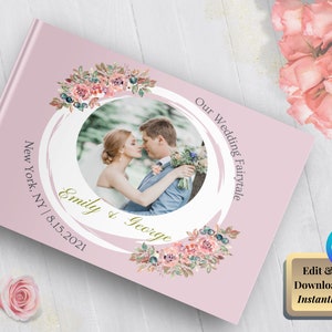 Canva Editable Photo Album | An elegant vintage photo book with pink roses for your wedding memories | PHAEDRA Collection
