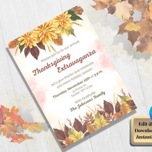 Dinner Invitation Canva Template | Fall Bloom Chrysanthemum Invitation | Impress your guests from the invitation for your Thanksgiving party