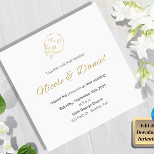 Canva Editable Wedding Invitation (Square and portrait) | An elegant minimalist gold and white invitation | CHRYSEIS Collection