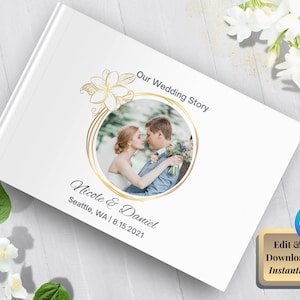 Canva Editable Photo Album | An elegant minimalist photo book with gold and white monogram for your wedding memories | CHRYSEIS Collection