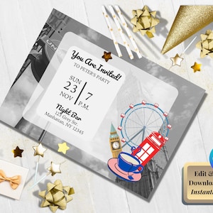 Party Invitation Canva Template | Bring a taste of London to your party | Invite your friends for a trip around the world night