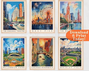 Chicago Poster Chicago Wall Art Chicago Print Chicago Watercolor Chicago Gifts Wrigley Field Retro Travel Poster Chicago Art Above Bed Art