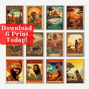 12 Vintage Travel Posters, Africa Art Prints, Printable Vintage Art Set, Digital Prints, Vintage Travel Art, Digital Download Wall Art