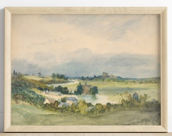 May include: A watercolor painting depicting a rural landscape with a river winding through a valley.  The painting features a small village with houses and a church in the foreground, and a castle on a hill in the distance. The sky is cloudy and the colors are muted.