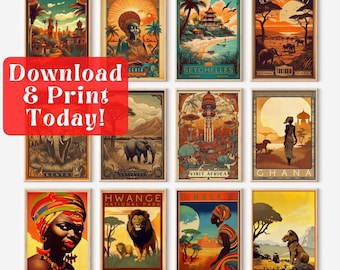12 Vintage Travel Posters, Africa Art Prints, Printable Vintage Art Set, Digital Prints, Vintage Travel Art, Digital Download Wall Art